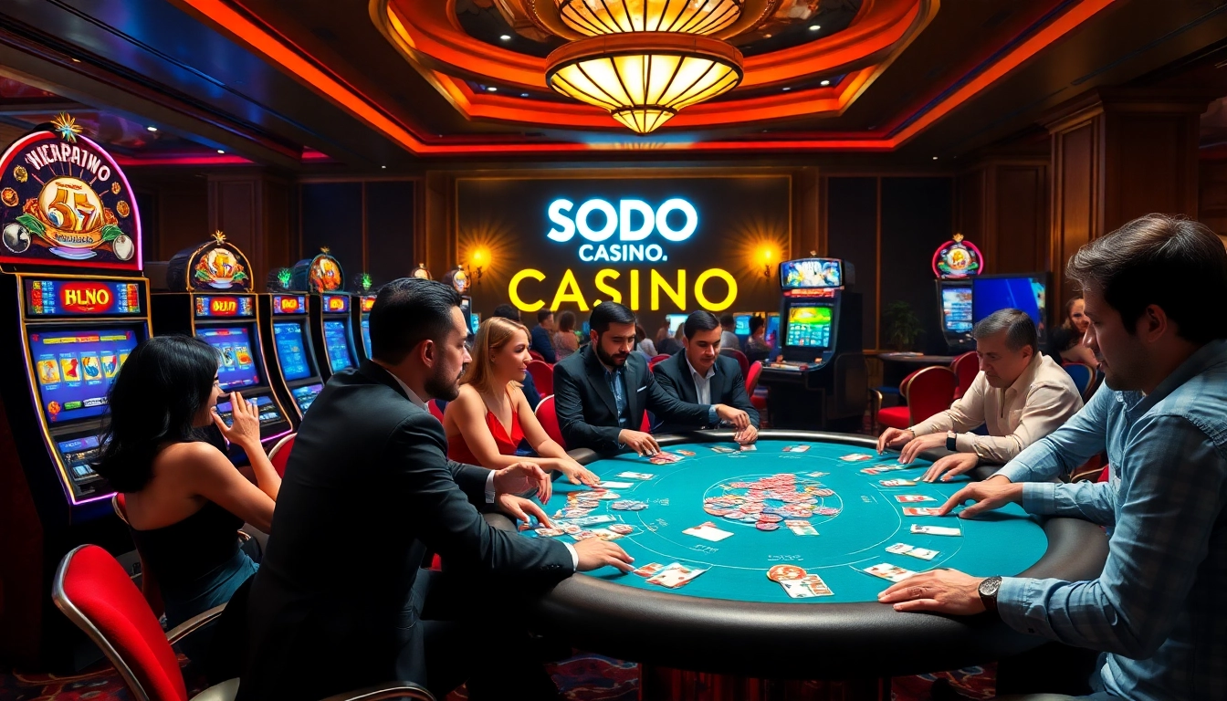 Players enjoying a thrilling game at SODO CASINO with vibrant chips and cards.