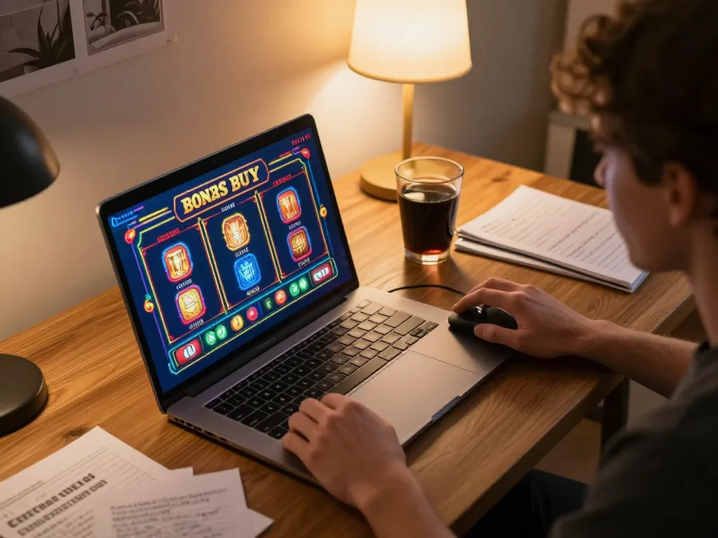 Engaging online scene of a player using a laptop for bonus buy slots while strategizing gaming