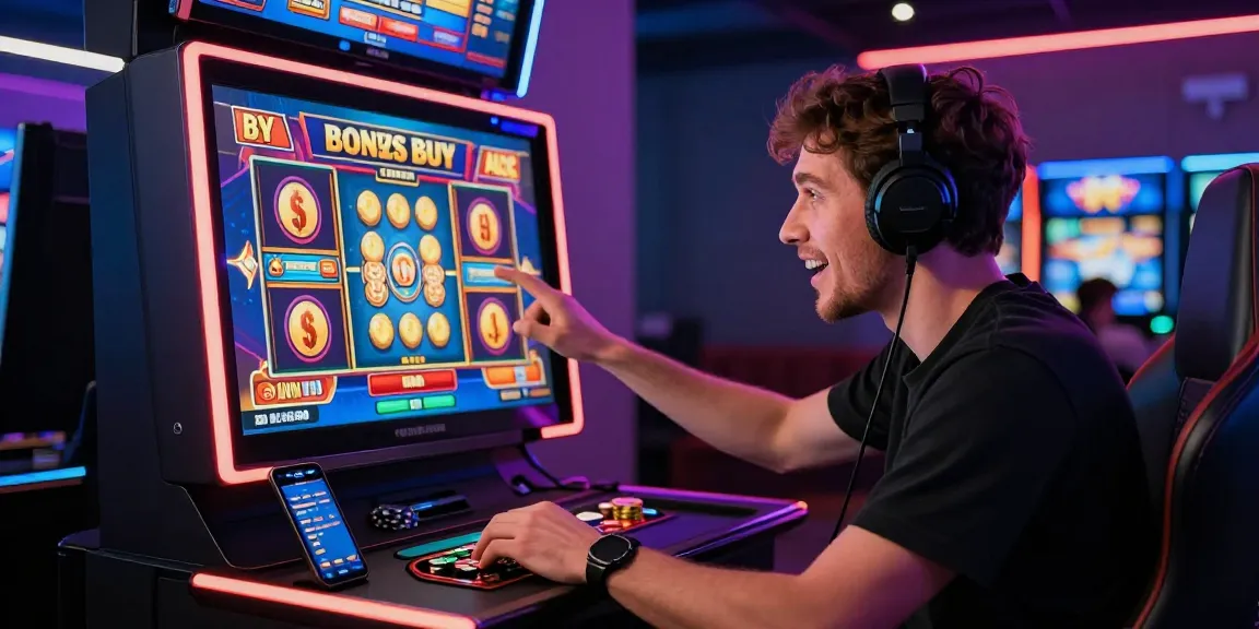 Engaged player enjoying bonus buy slots at an online casino, showcasing excitement and modern gaming environment.