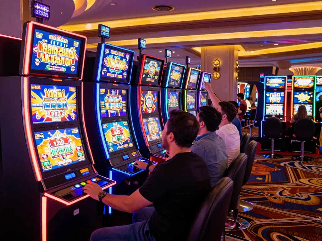 Players engaging with non aams slot machines in a colorful casino