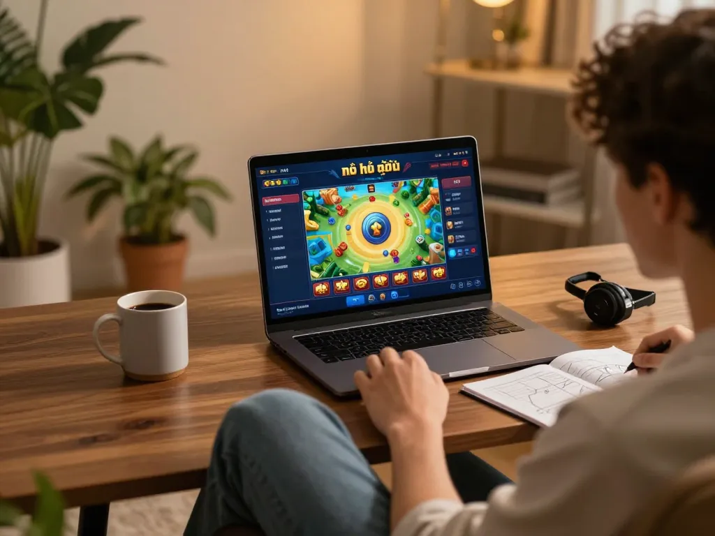 Nổ hũ đổi thưởng gameplay on a laptop with cozy home setting and strategic notes.