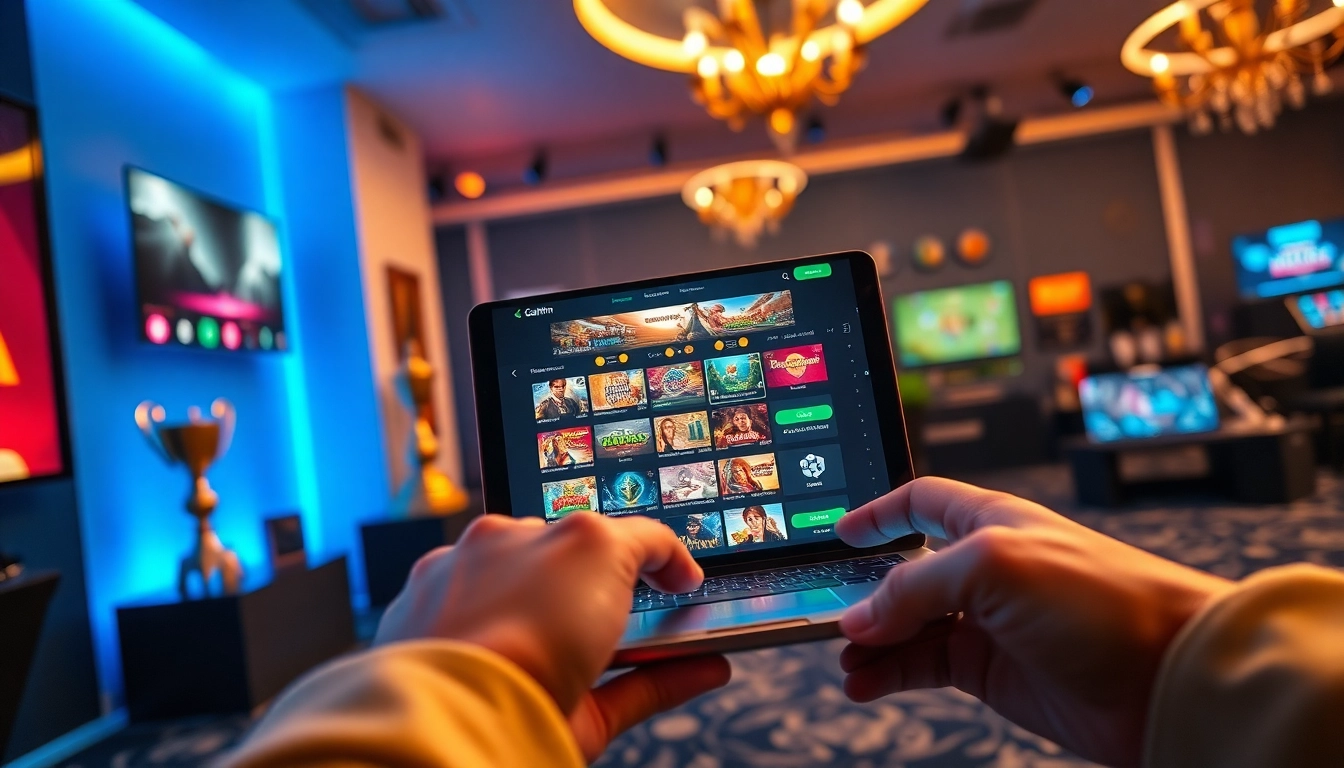 Engaging scene showcasing gemwin's modern online gaming platform with diverse game icons and an enthusiastic user.