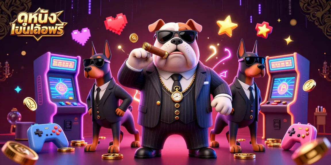 Experience ดูหนังออนไลน์ฟรี with a vibrant casino scene featuring a mafia bulldog and his Doberman bodyguards.