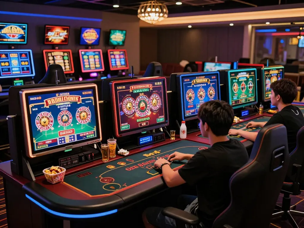 Pemain BOM88 menikmati permainan online dalam pengaturan bermain yang nyaman dan modern dengan beberapa layar.
