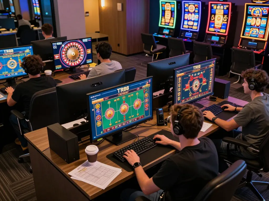 TR88 user intensely focused on winning strategies at their advanced gaming setup, with vibrant casino screens visible.