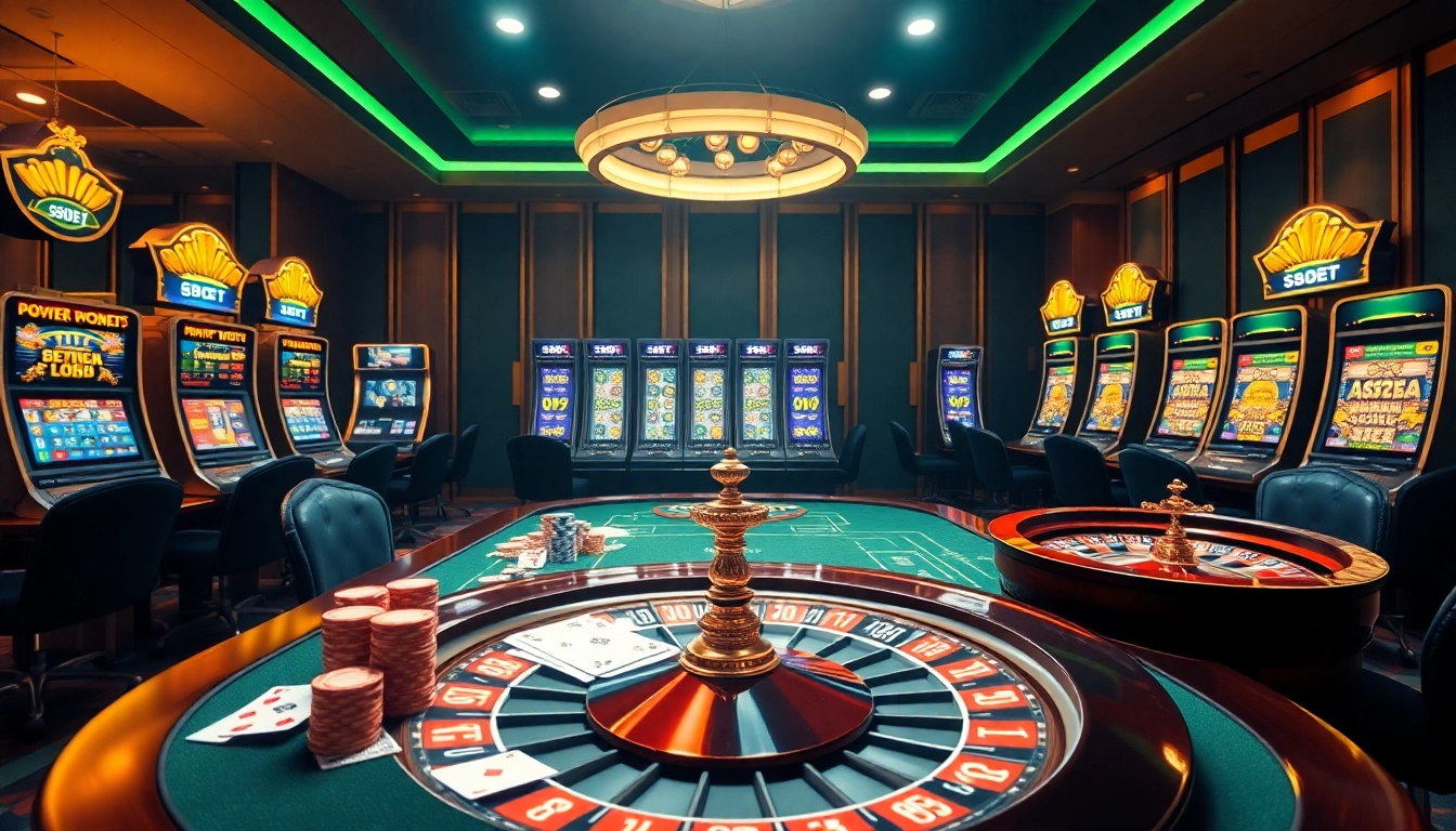 SBOBET casino scene featuring vibrant gambling action with cards, chips, and roulette wheel.