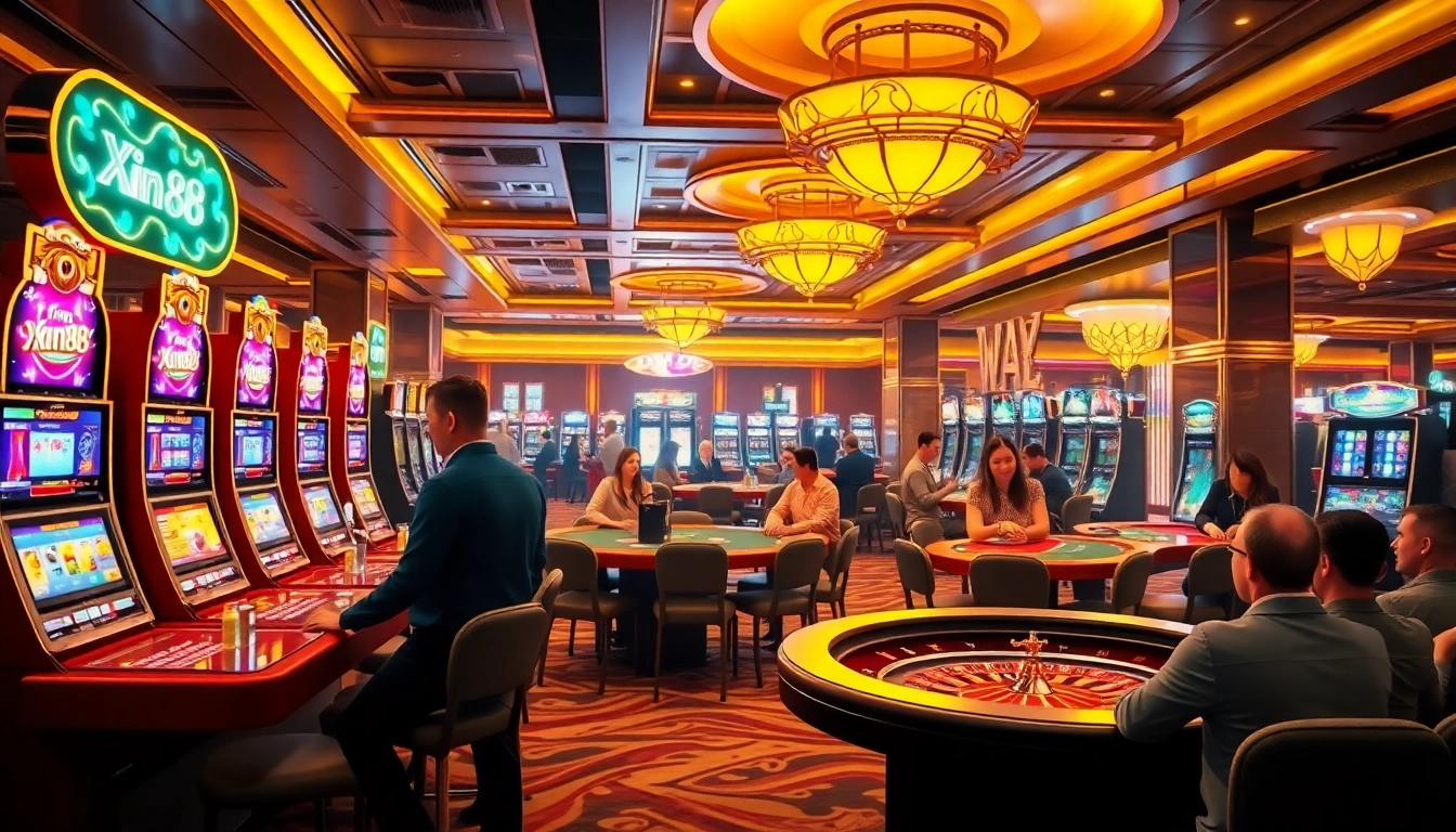 Experience the excitement of Xin88 with players at a vibrant casino, featuring poker tables and slot machines.