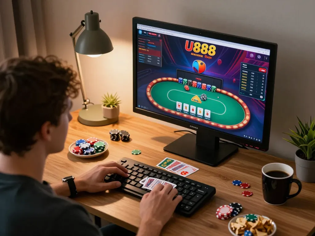 Engaging poker game on U888 online casino app with vibrant chips and warm, inviting atmosphere.