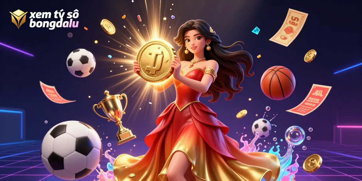 Catch the excitement and xem tỷ số bongdalu with vibrant visuals of sports betting, trophies, and golden coins in a dynamic scene.