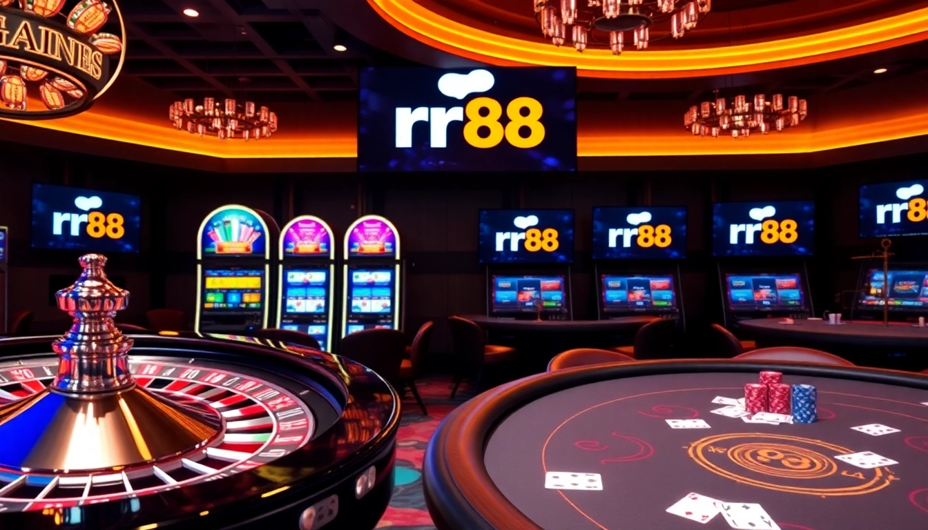 Exciting gaming atmosphere featuring rr88 logo with roulette wheel and poker chips.