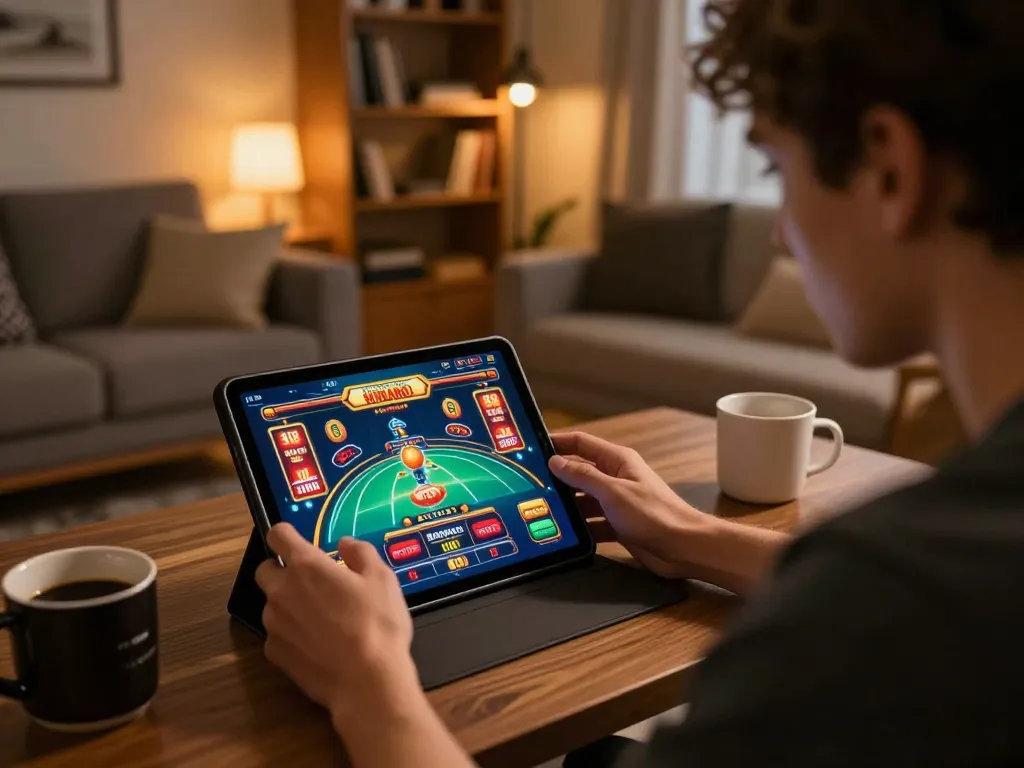 Experience open88 gaming excitement on a tablet in a cozy home setting with vibrant graphics displayed.