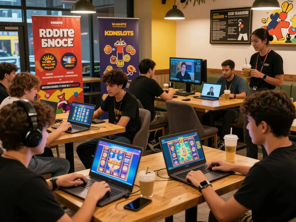 Engaging KDSLOTS gaming scene with players enjoying slot games on various devices in a cozy cafe atmosphere.