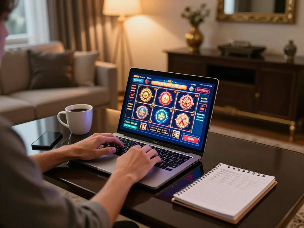 may88 offers exciting online casino games with a player experiencing vibrant slot interfaces on a cozy home setup.