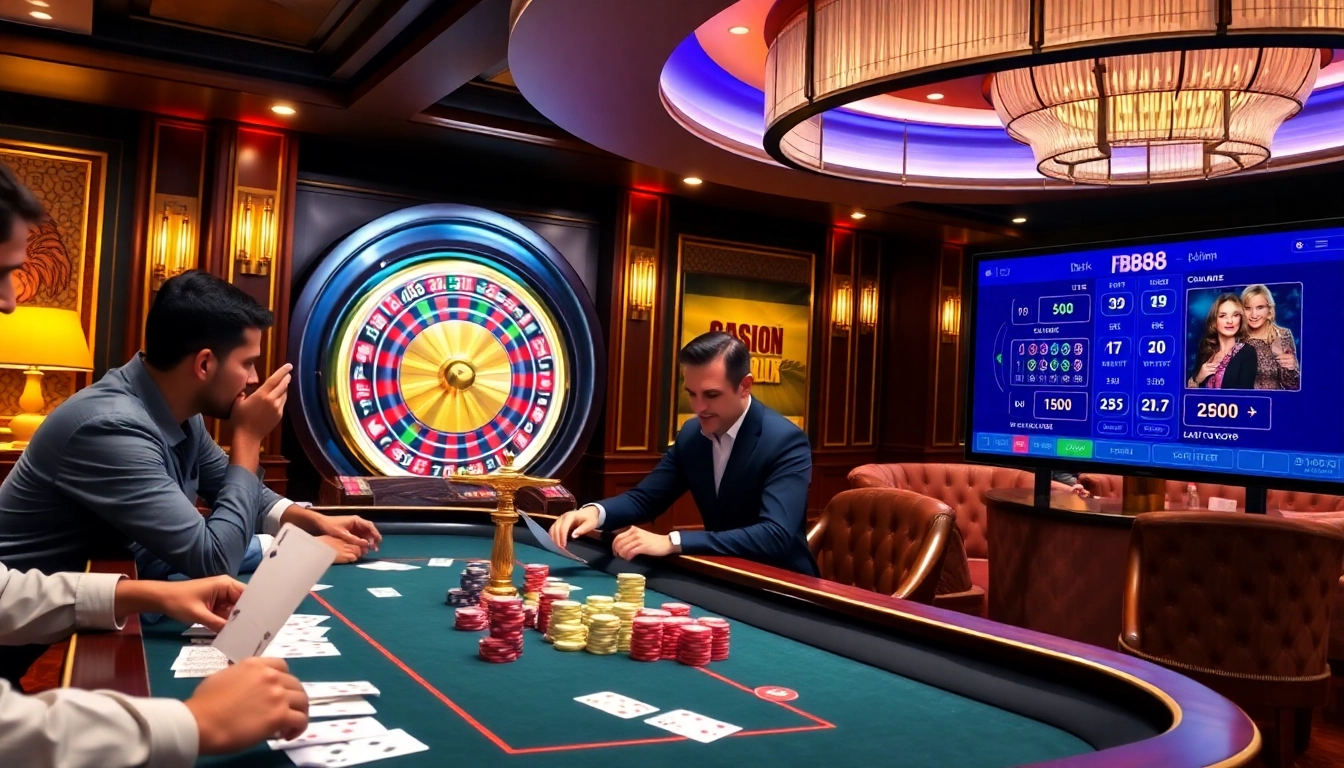 Thrilling poker action at an FB88 gaming table with vibrant chips and cards.