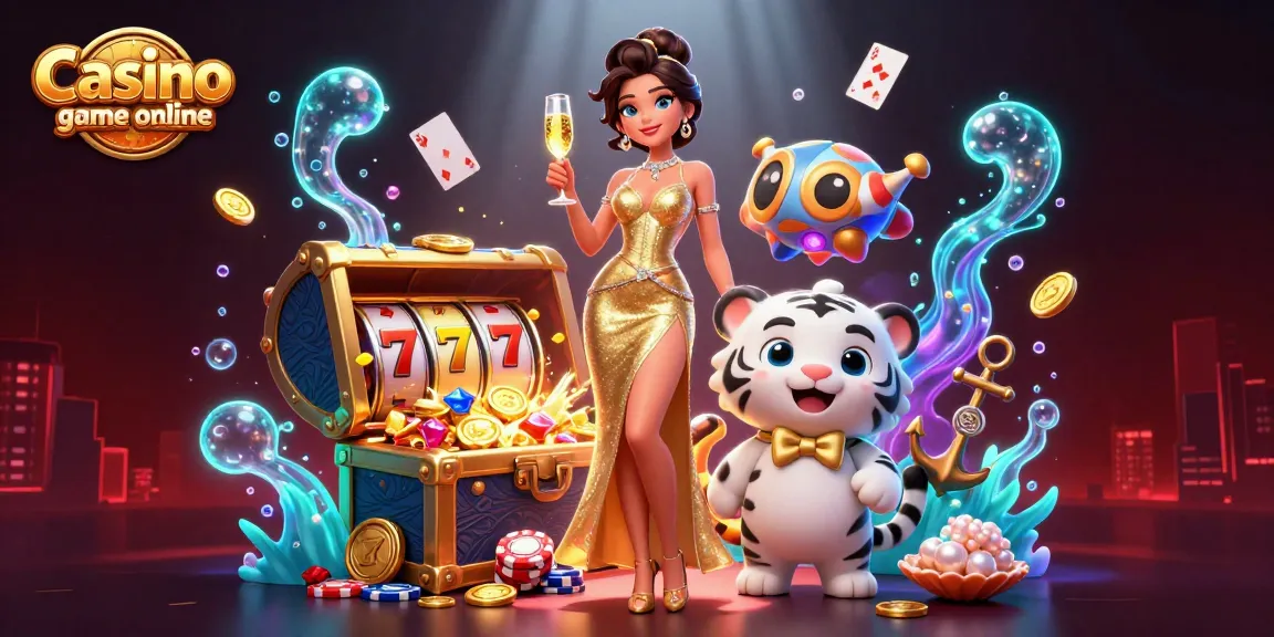 Play exciting Casino game online with a glamorous woman and lucky tiger in a vibrant scene.