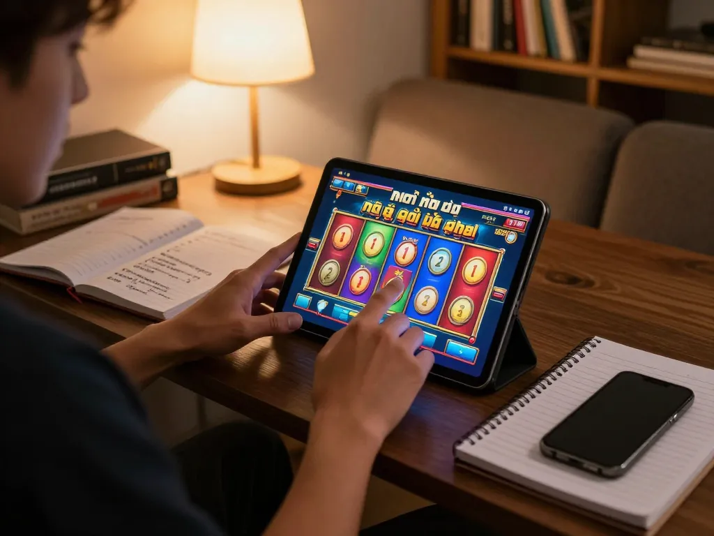 Engaged player exploring nổ hũ đổi thưởng on their tablet in a cozy home setup