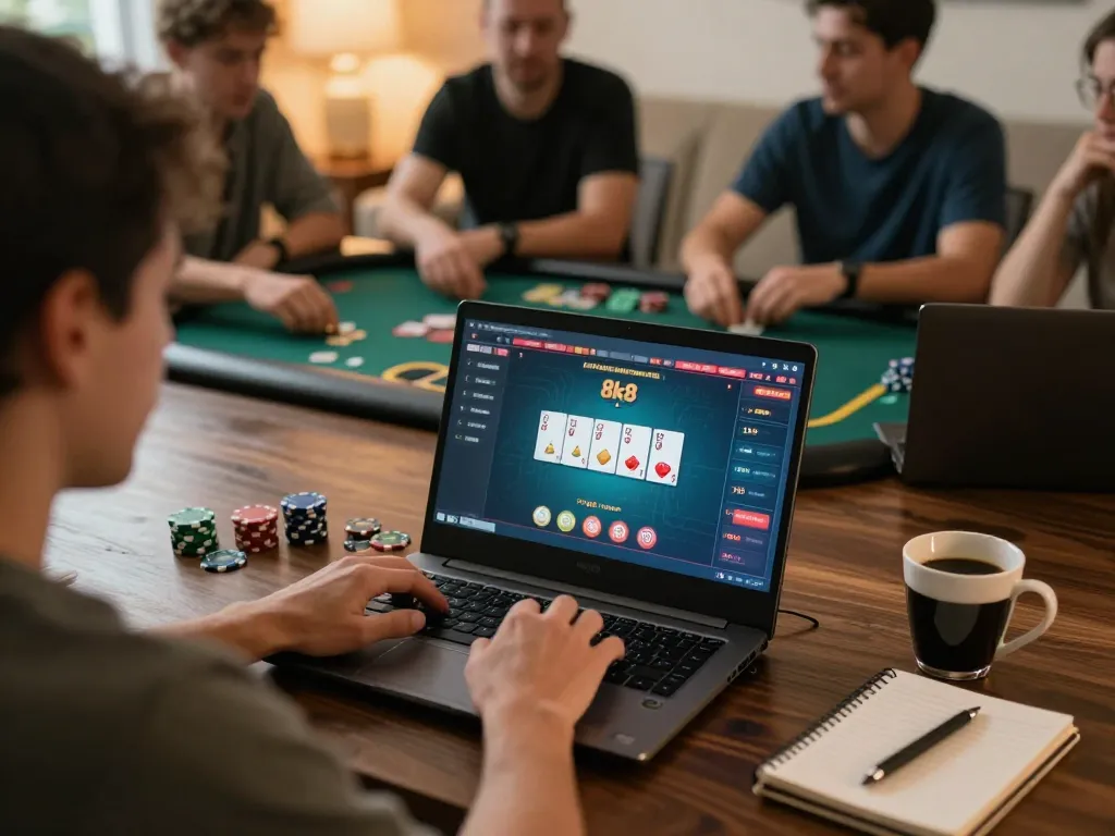 Engaging gaming moment at 8k8 online casino, showcasing strategic poker gameplay on laptop