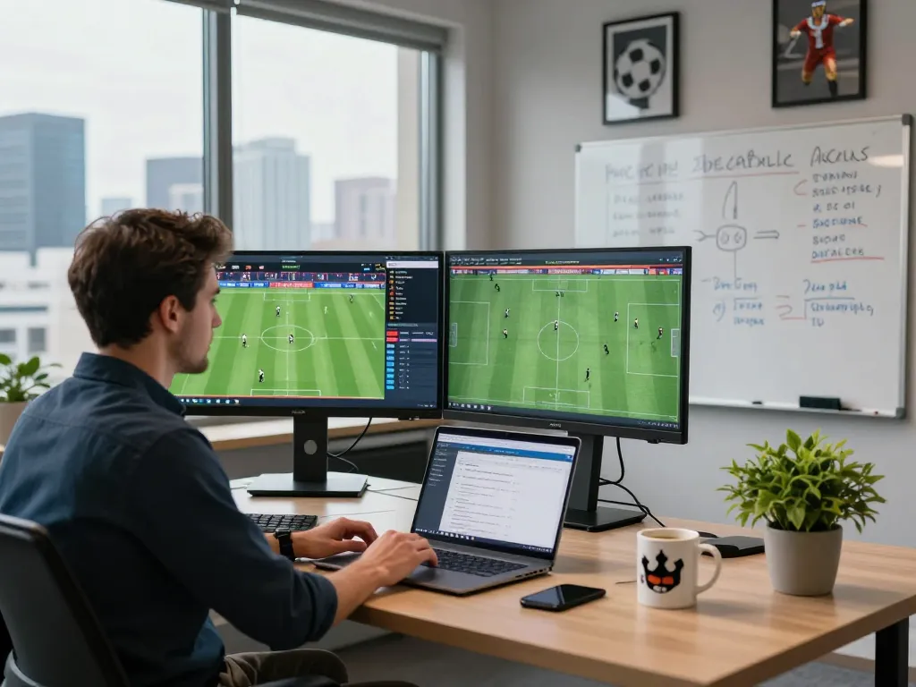 Analyze xem tỷ số bongdalu live with a sports analyst using dual monitors and sports data.