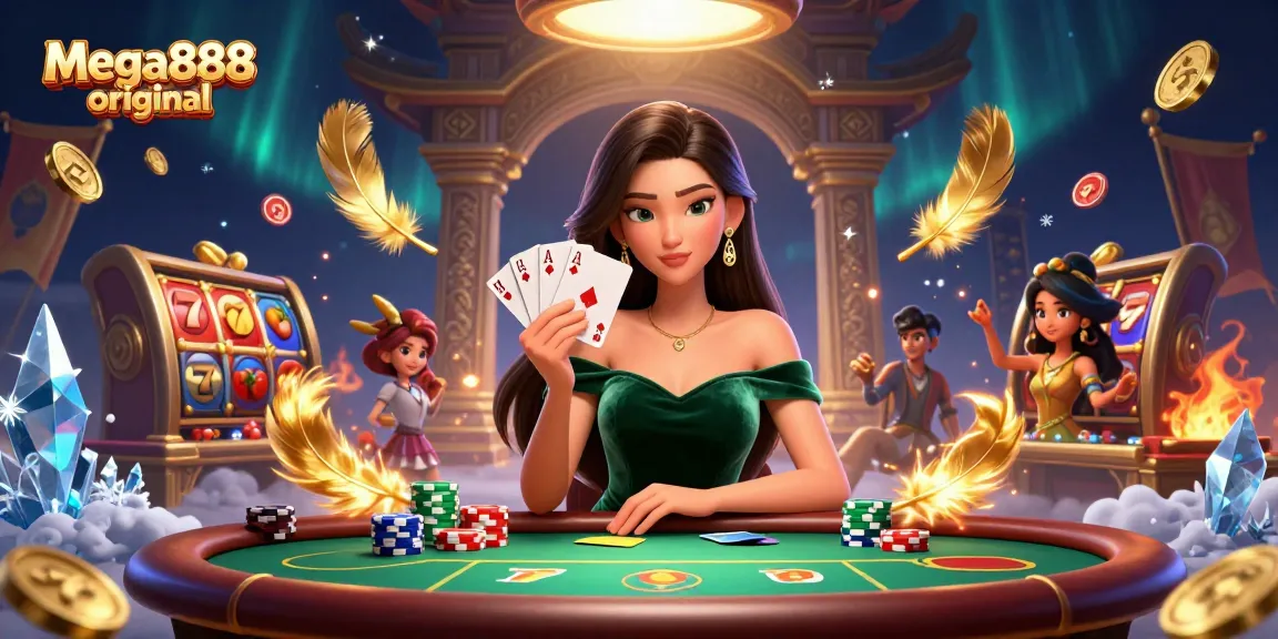 Play thrilling casino games at mega888 original, featuring an elegant Asian woman at a poker table.