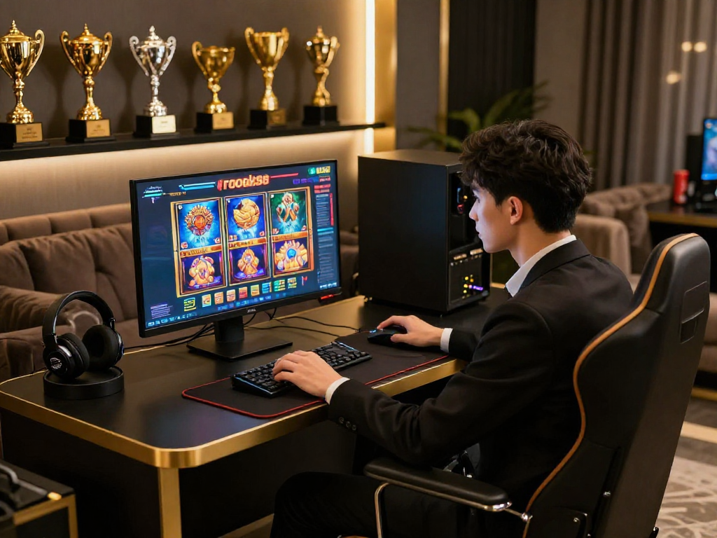 Engaging player enjoying rokok88 slot in a luxurious gaming environment