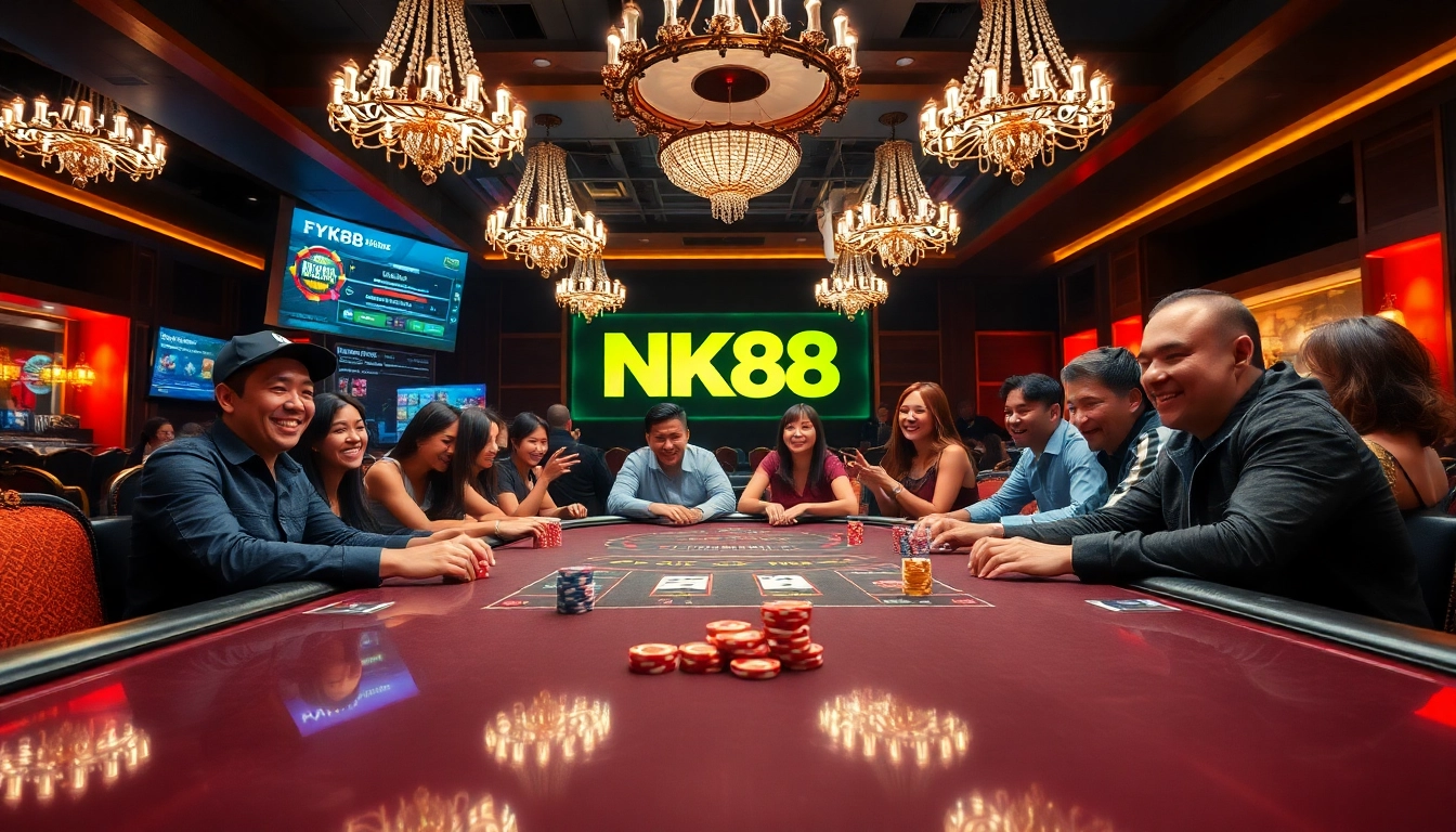 Experience the excitement of NK88 at a vibrant casino table filled with eager players and colorful chips.