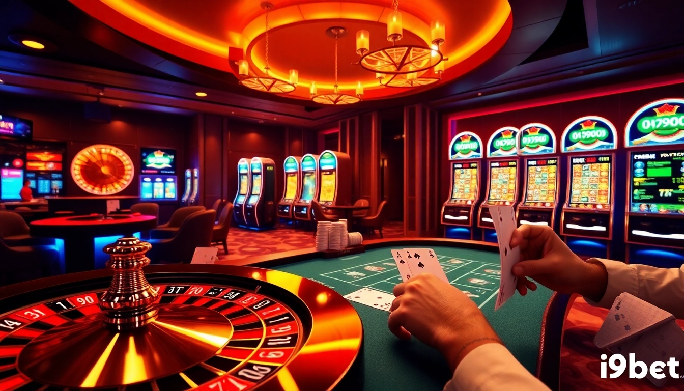 Engaging gameplay at i9bet's virtual casino featuring roulette, poker chips, and slots.