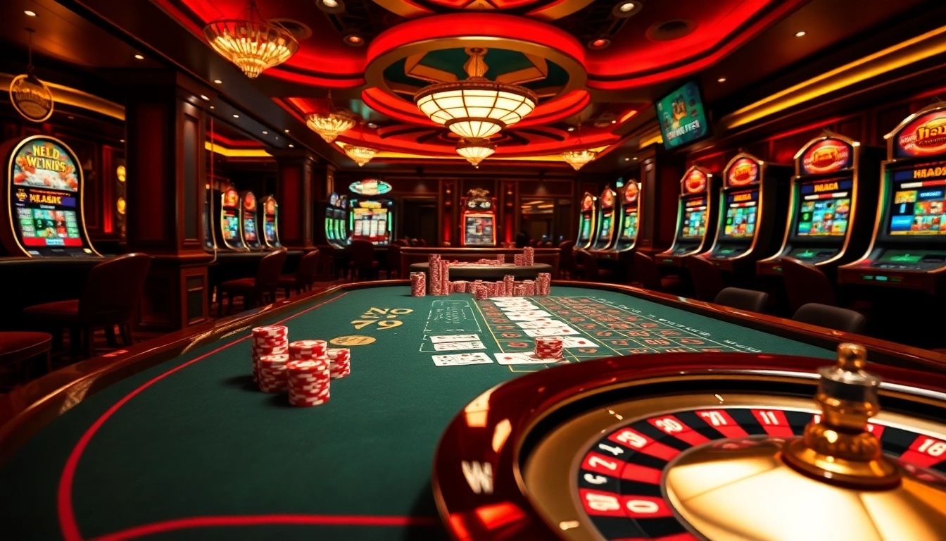 Gambling excitement at NEO79 casino featuring poker, roulette, and slot machines.