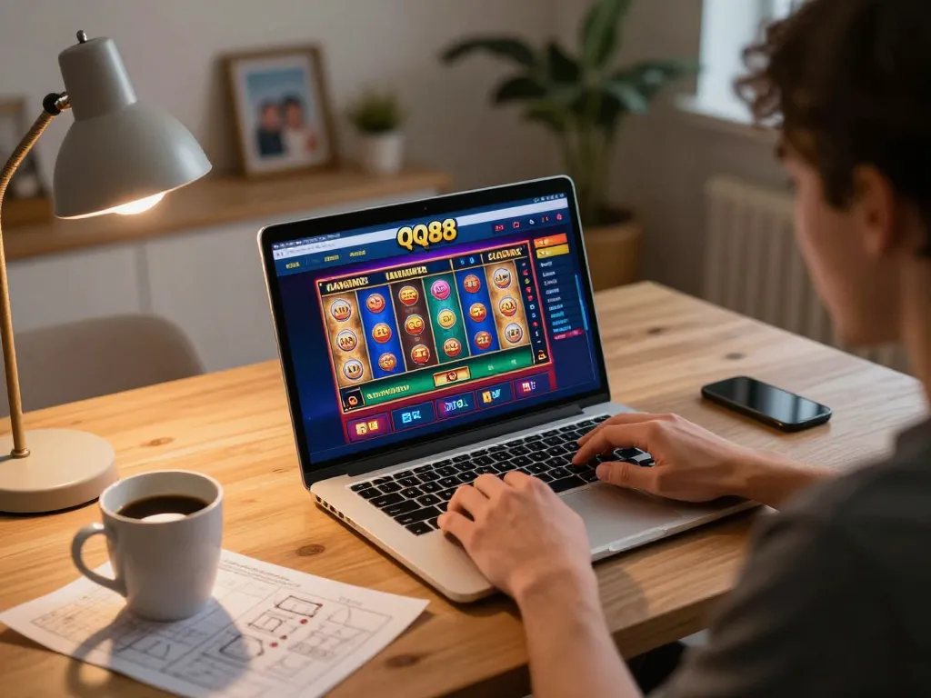 Engaged player exploring qq88 online casino interface with vibrant slot games in cozy home setting