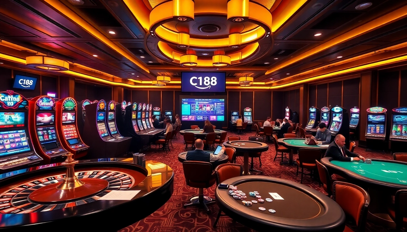 Players enjoying exciting casino games at C168, engaging with vibrant slot machines and poker tables.