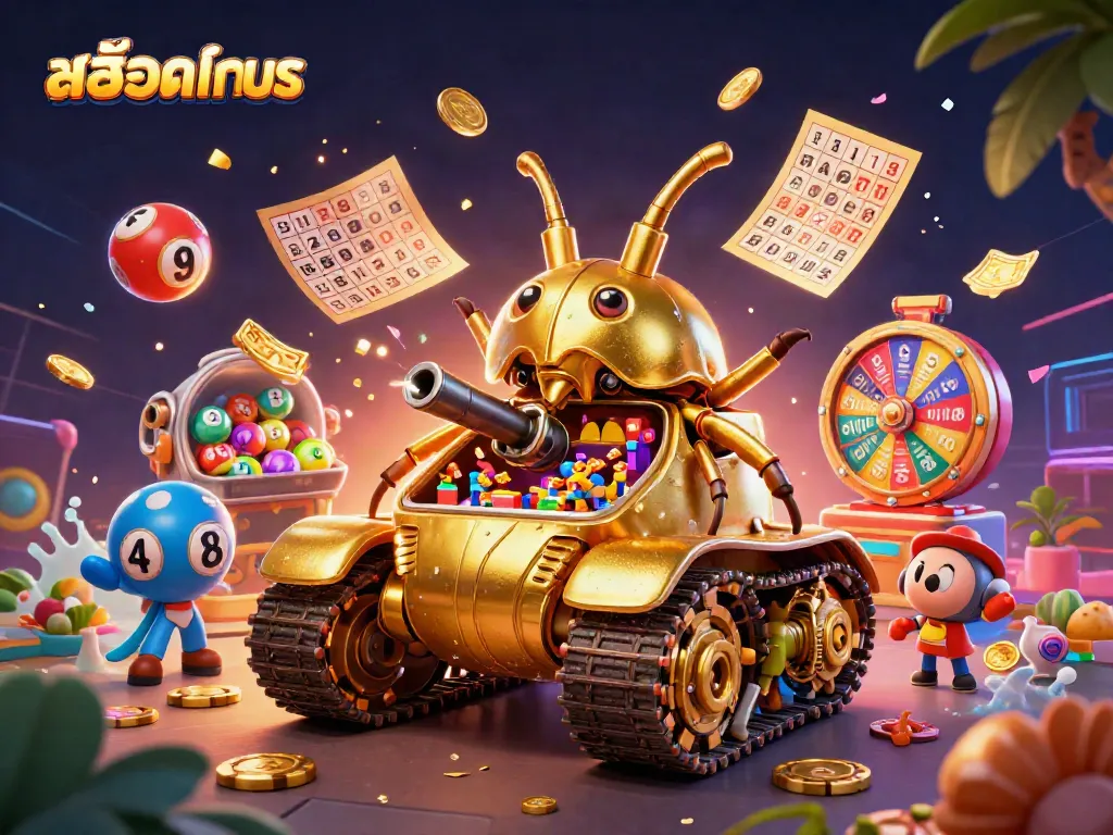 Experience สล็อตทดลอง in a vibrant casino environment with dynamic lottery balls and golden tickets.