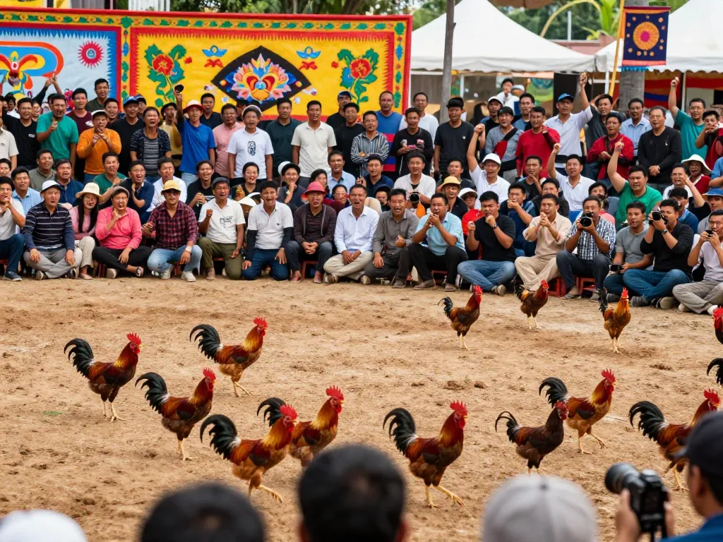 Khung cảnh sự kiện đá gà Thomo hôm nay với khán giả cổ vũ và những chú gà sẵn sàng cho trận đấu