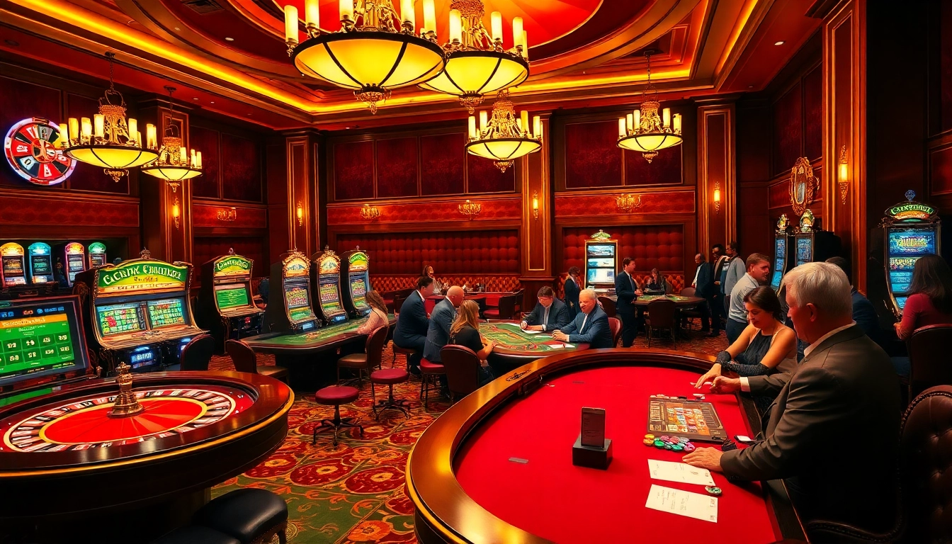 Engaging players enjoying a lively C168 casino atmosphere with roulette tables and slot machines.