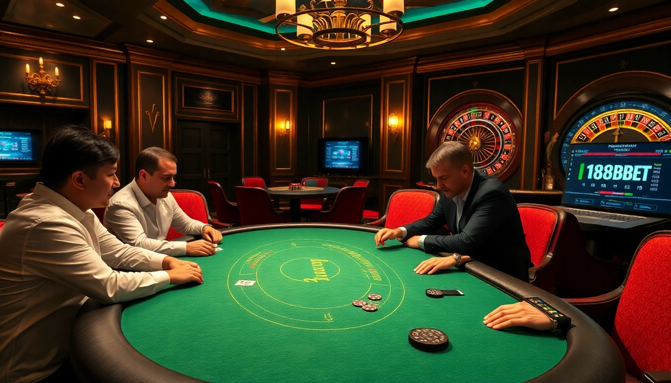 Exciting poker game scene with players at a table, featuring the 188bet logo amidst a luxury casino backdrop.