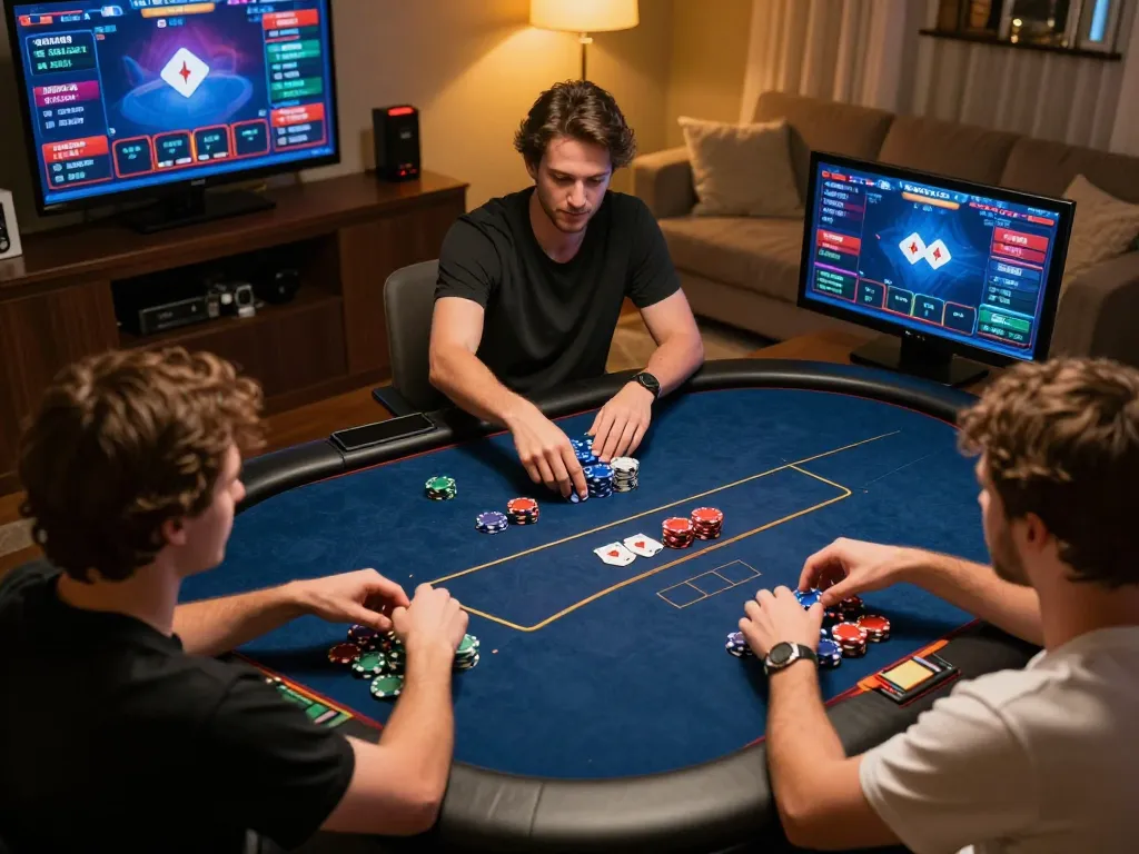 Engaging poker game with players using online platforms, incorporating togel online for an exciting experience.