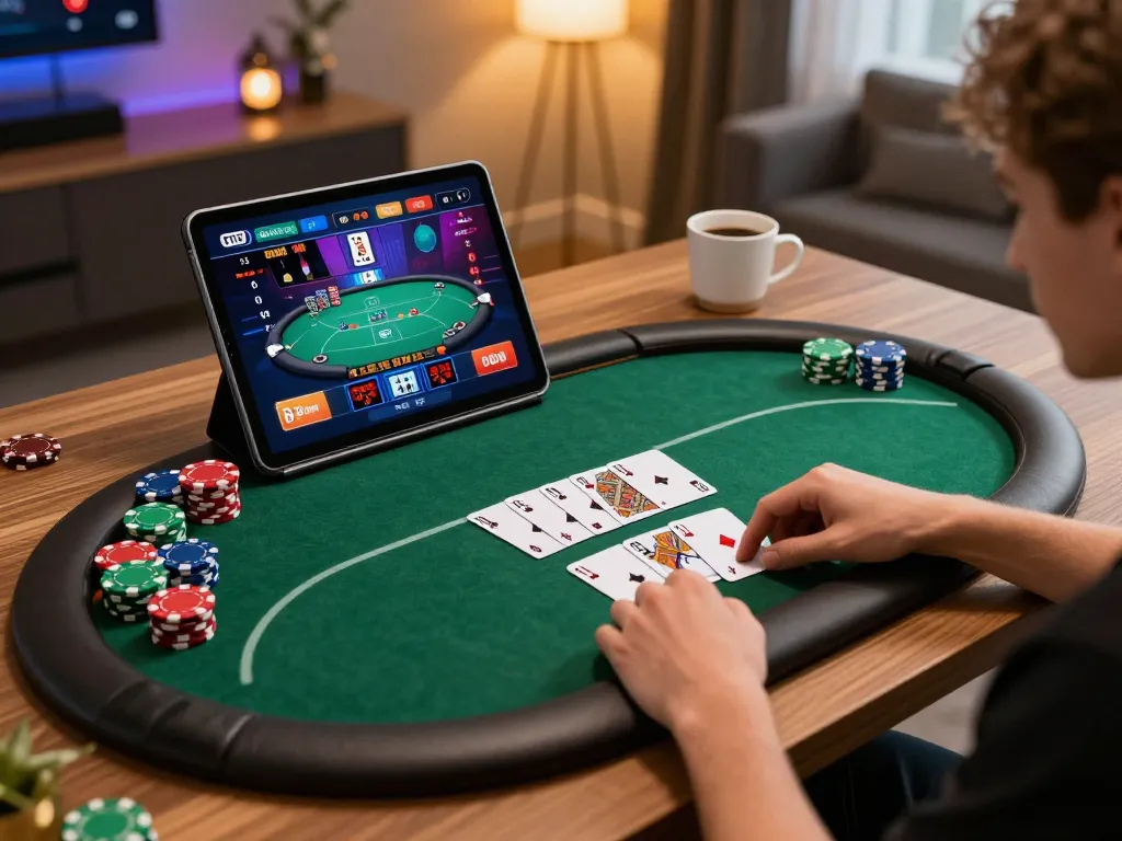Fun88 users engaging in an exciting online poker game with vibrant interface and cozy setting.