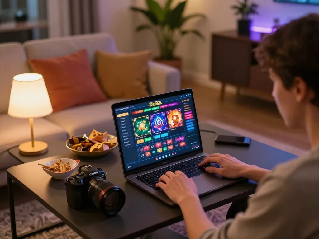 Player enjoying an online casino game on 8xbet during a cozy home evening, laptop glowing with game interface