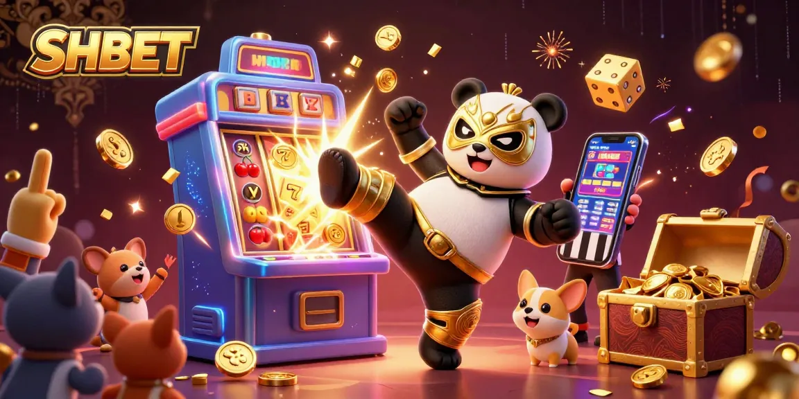 SHBET showcases thrilling action with a wrestling panda, golden slot machine, and excited spectators fueling the casino buzz.