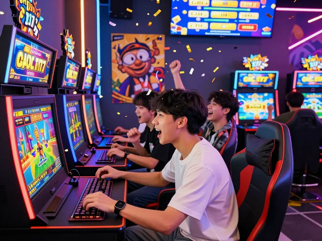 Players enjoying a thrilling slot gacor 777 game experience with excitement and colorful gaming machines in a vibrant atmosphere.