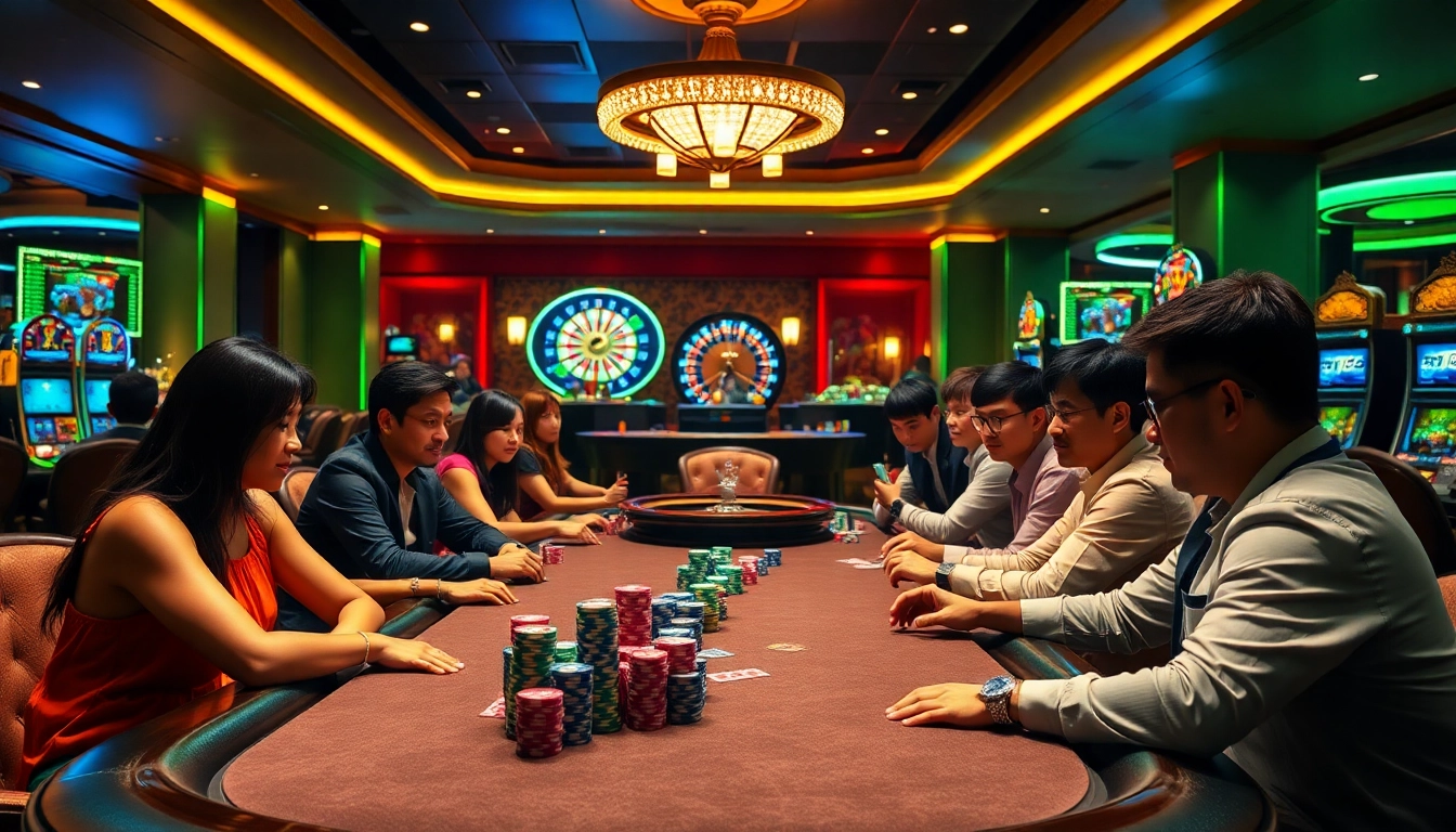 Cảnh chơi poker đầy hứng khởi tại casino Trang chủ JD88, thể hiện sự tham gia của các người chơi và những chiếc chip poker.