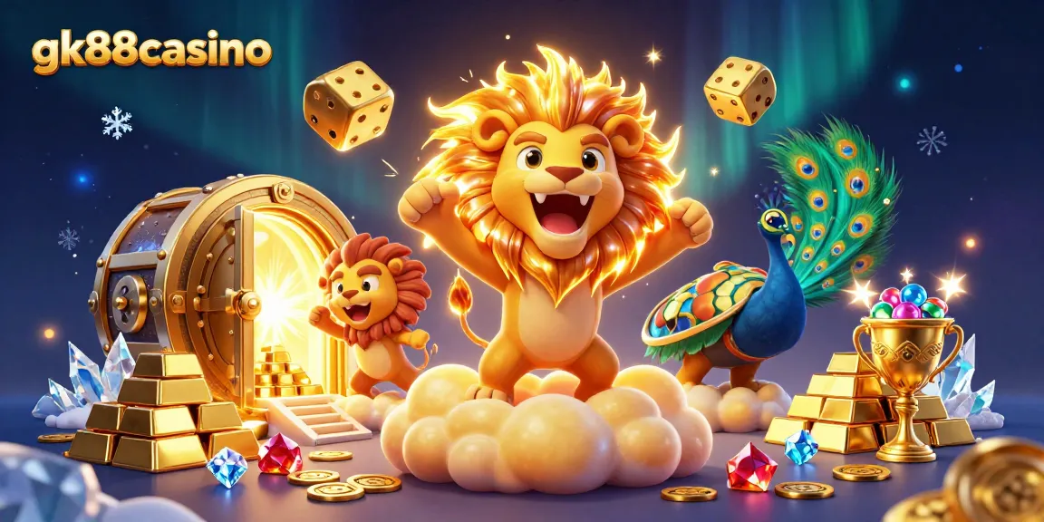 Experience the excitement of gk88casino as the golden lion roars amidst treasure and gaming elements.