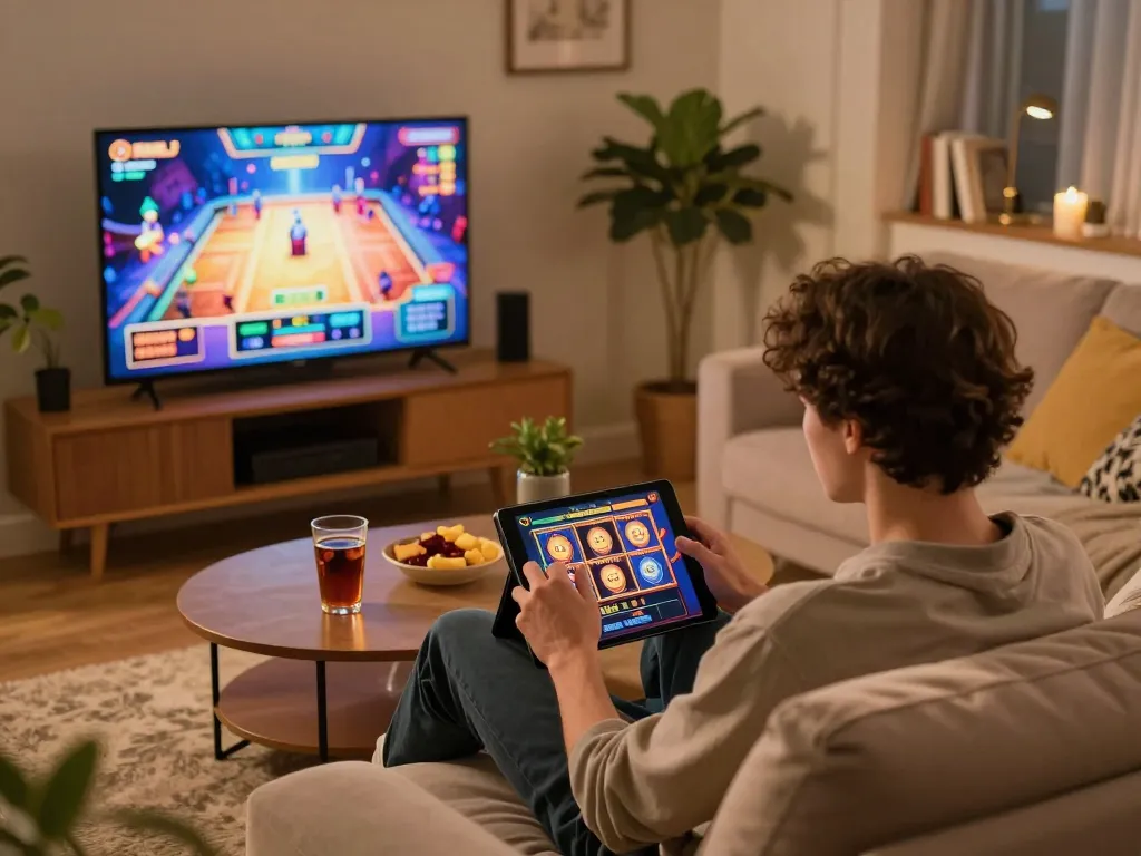 Pemain DASI4D menikmati permainan slot di tablet dalam suasana nyaman di rumah.