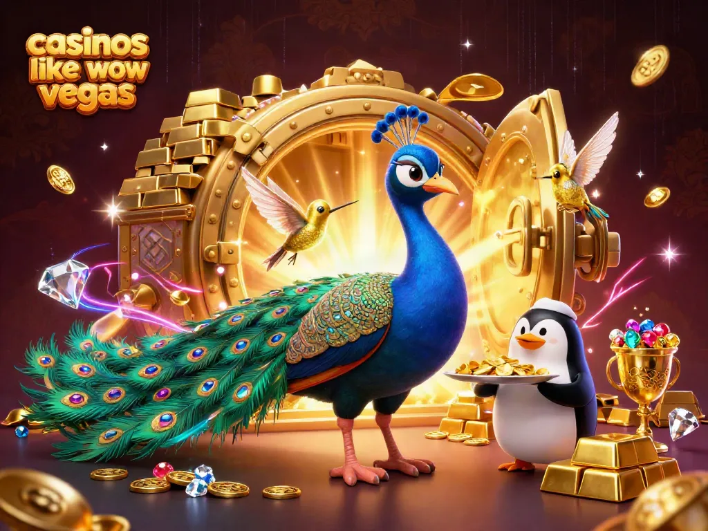 Spin and win at casinos like wow vegas with a vibrant, illustrated casino scene featuring sparkling gems and golden treasures.