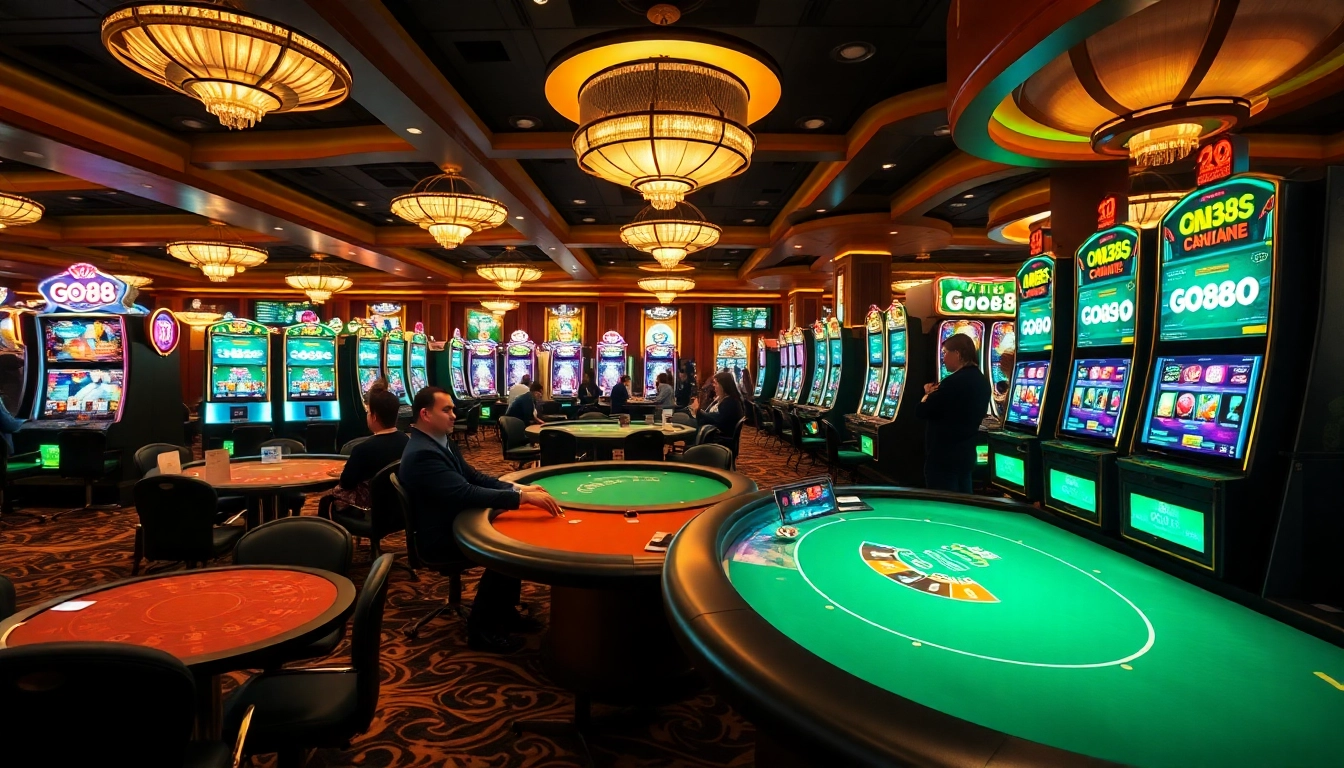 Players enjoying Go88 casino games with vibrant slot machines and poker tables.