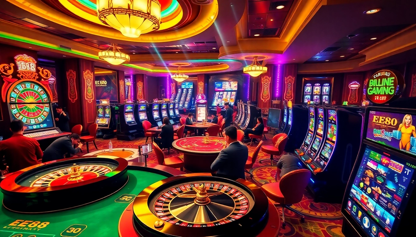 Exciting gambling scene at https://ee88game.net/ showcasing poker tables and roulette wheels.