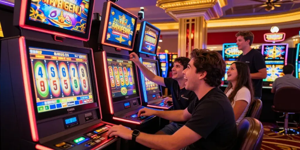 Player engaging with slot88 machine in a lively casino atmosphere, showcasing excitement and colorful design.
