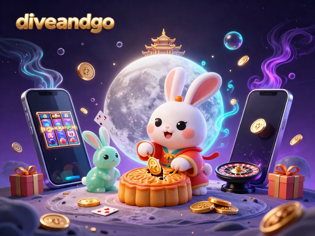Immerse in the diveandgo experience with our vibrant 3D casino moon rabbit illustration showcasing gaming excitement.