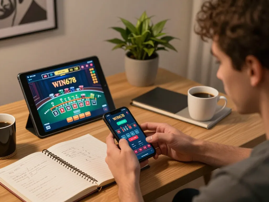 Engaging user playing WIN678 casino game on smartphone, highlighting online gambling strategy.