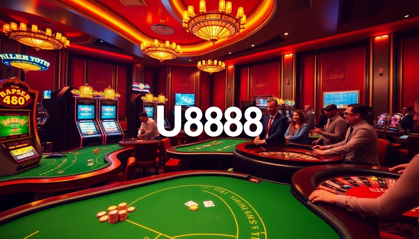 U888 players experiencing thrilling online gambling with poker chips and slot machines.