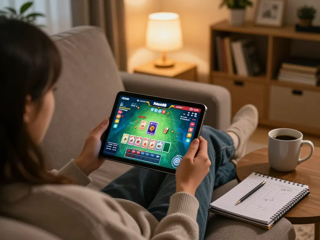 Engaging in online gaming at Max88 on a tablet in a cozy home setting
