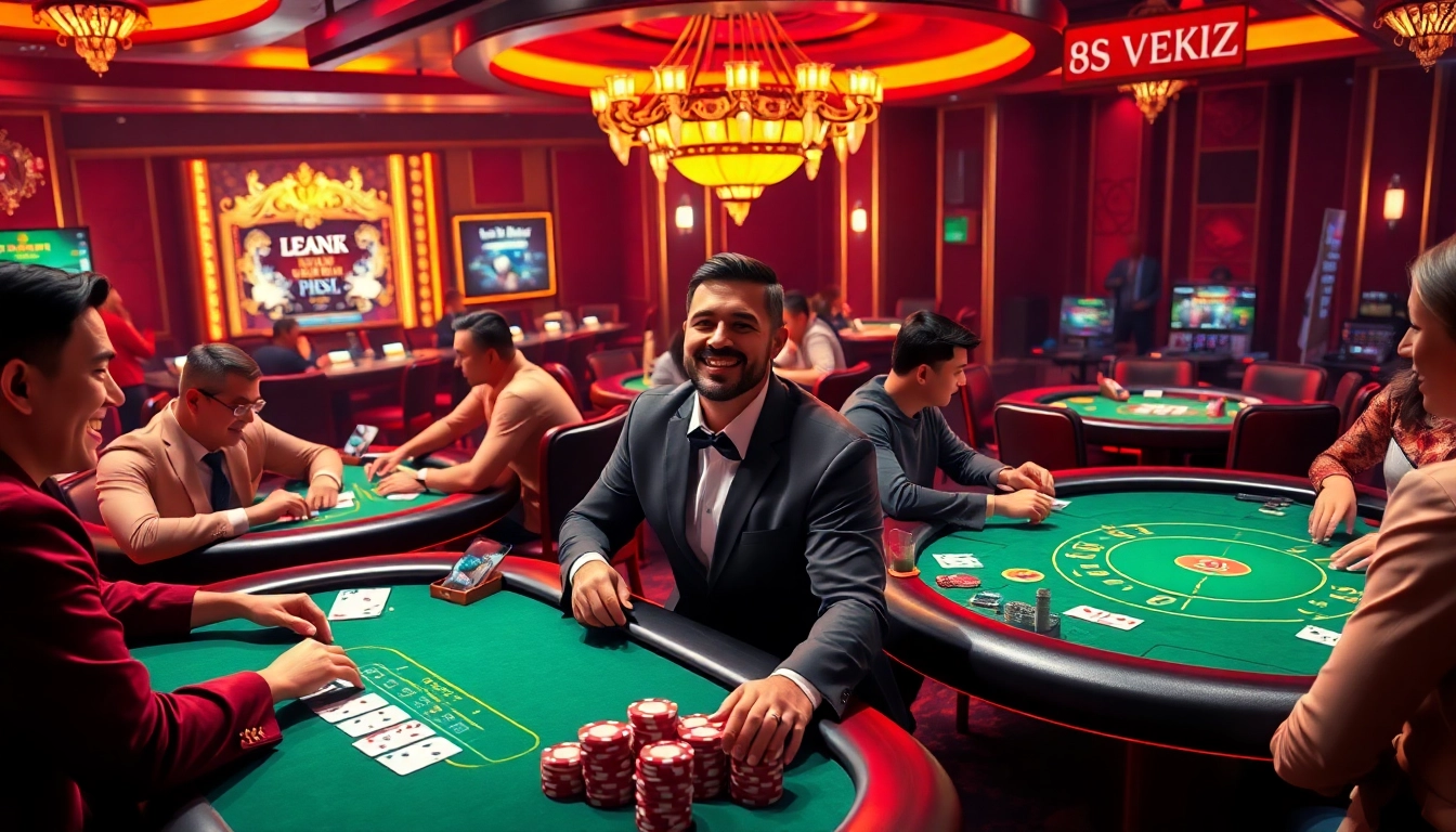 Dynamic scene of engaging players enjoying game bài đổi thưởng in a vibrant casino atmosphere.